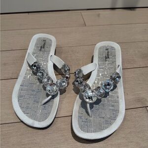 Women's White Jeweled Thong Sandals - Silver Accent